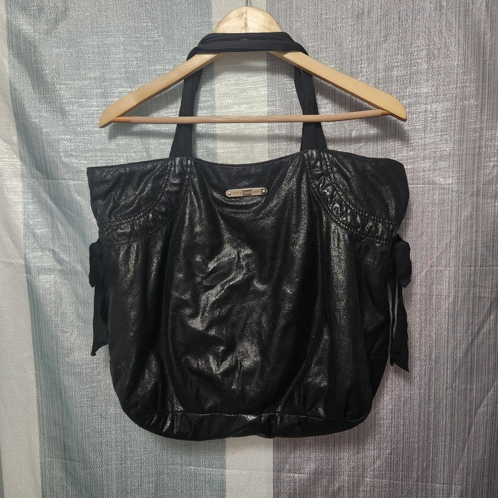 Juicy Couture Black Metallic Tote Bag Hobo Ribbon Side Ties J-Hook Zip Large